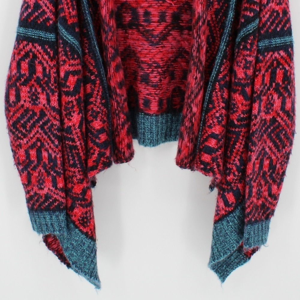 Blue Rain $68 Sm/Medium Red Blue Aztec Pattern Open Front Draped Knit Cardigan - Picture 5 of 10